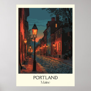 Poster Portland Maine Vintage Historic Street Night Art