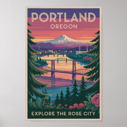 Poster Portland Oregon Mount Hood Travel Art Vintage (Devant)