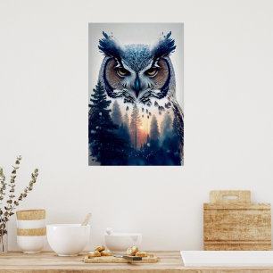 Poster Portrait à double exposition d'un hibou et d'une b