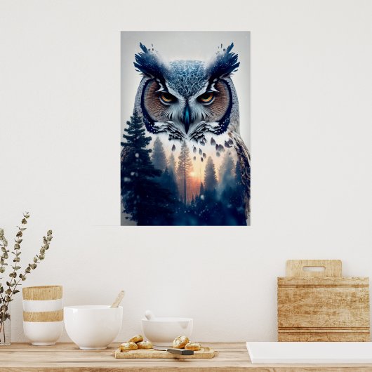 Poster Portrait à double exposition d'un hibou et d'une b (Cuisine)