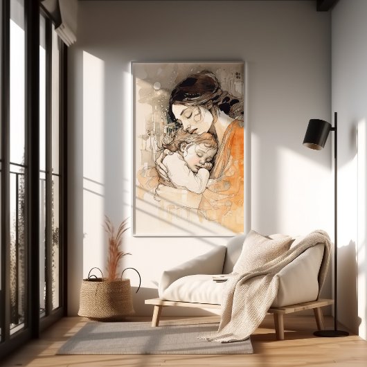 Poster Portrait à l'aquarelle de mère et enfant dans le s