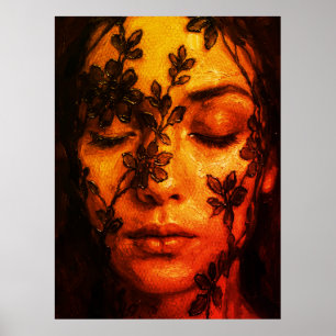 Poster Portrait à l'huile texturé d'une femme avec dentel