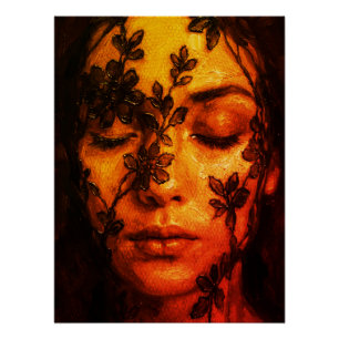 Poster Portrait à l'huile texturé d'une femme avec dentel