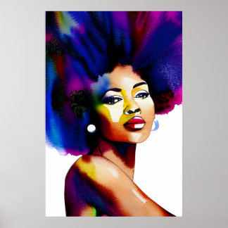 Poster Portrait Afro Noir femme Afro Aquarelle IV