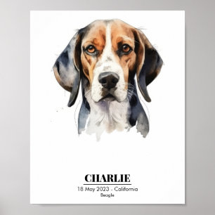 Poster Portrait aquarelle de Beagle avec nom personnalisé