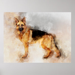 Poster Portrait aquarelle de berger allemand 02