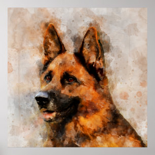 Poster Portrait aquarelle de Berger Allemand 04