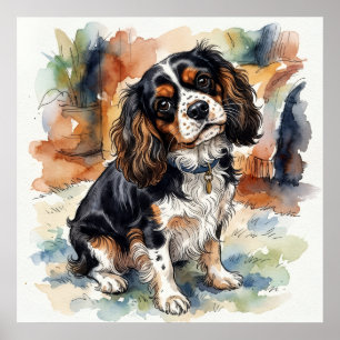 Poster Portrait aquarelle de Cavalier King Charles Spanie