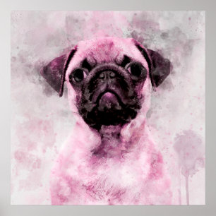 Poster Portrait aquarelle de chien carlin rose 02