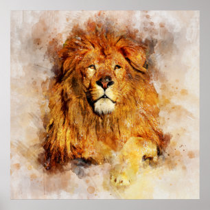Poster Portrait aquarelle de lion mâle à grande crinière