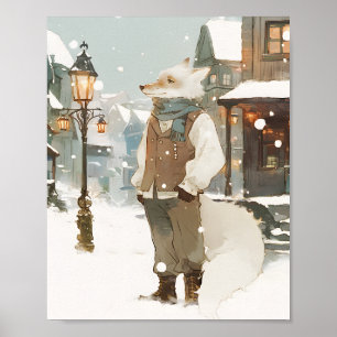 Poster Portrait aquarelle du renard arctique enneigé avec