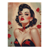 Portrait Brunette Pin Up Red Roses