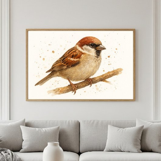 Poster Portrait d'aquarelle Charming House Sparrow