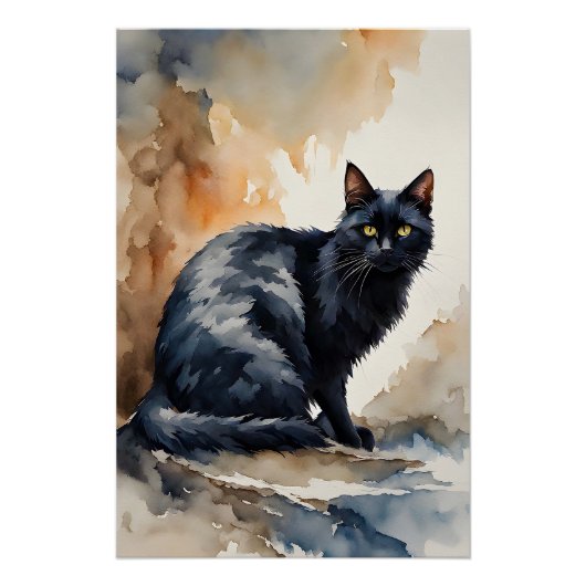 Poster Portrait d'aquarelle de poitrine de chat noir (Devant)