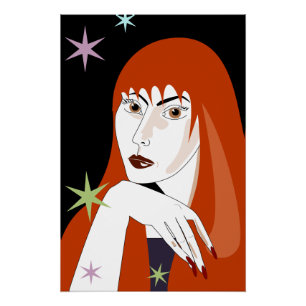 Poster Portrait d'art de femme rousse rétro à la mode