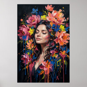 Poster Portrait d'art floral goutte à goutte Femme vibran