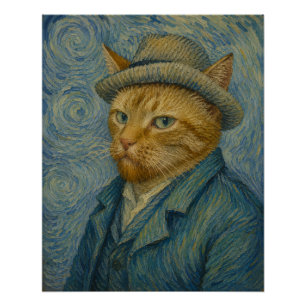 Poster Portrait de chat autoportrait de Van Gogh Parodie