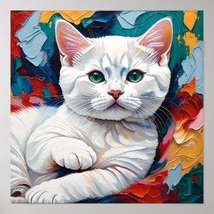 Poster Portrait de chat blanc dans des couleurs abstraite