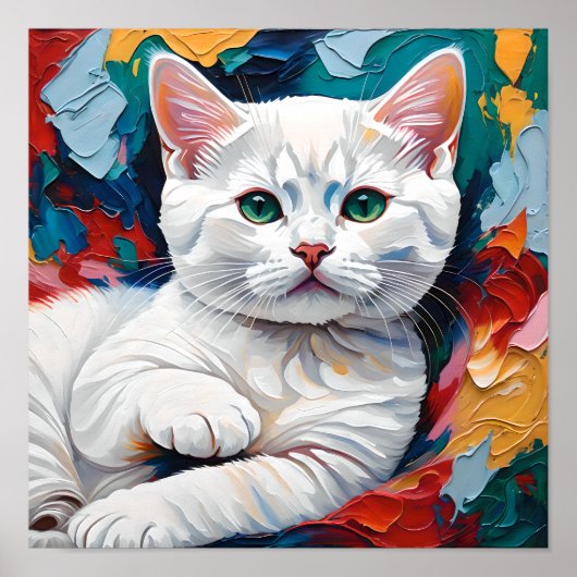 Poster Portrait de chat blanc dans des couleurs abstraite (Devant)