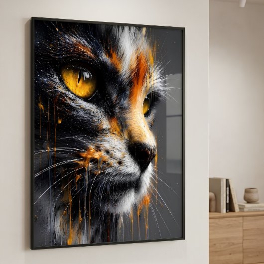Poster Portrait de chat d'art éclaboussé vibrant orange e