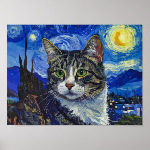 Poster Portrait de chat de Vincent Van Gogh Nuit étoilée