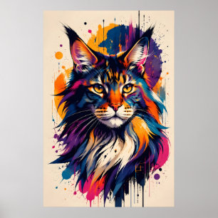 Poster Portrait de chat Maine Coon coloré dans un style d