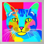 Poster Portrait de chat Pop Art multicolore<br><div class="desc">Poster dans un style rétro,  pop art,  portrait de chat en couleurs vives,  primaires de magenta,  cyan,  bleu et jaune</div>