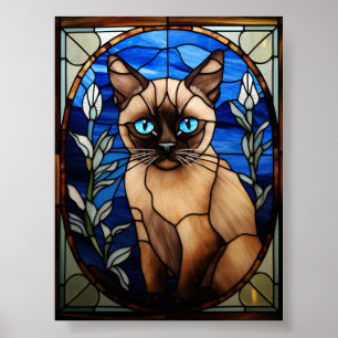 Poster Portrait de chat siamois aux yeux bleus en vitrail