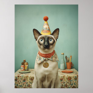 Poster Portrait de chat siamois vintage avec chapeau de f