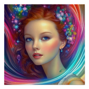 Poster Portrait de cheveux arc-en-ciel enchanté