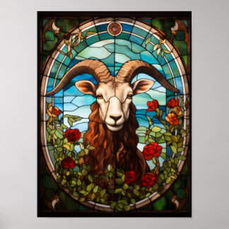 Poster Portrait de chèvre en vitrail floral ovale 🐐
