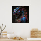 Poster Portrait de dragon rouge bleu IA art (Cuisine)