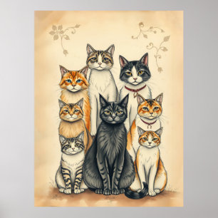 Poster Portrait de famille de chats d'inspiration vintage