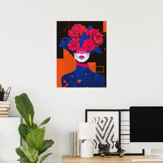 Poster Portrait de femme abstrait moderne avec fleurs (Bureau à domicile)