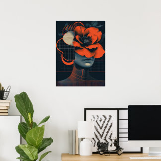 Poster Portrait de femme abstrait moderne avec fleurs