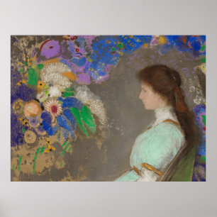 Poster Portrait de femme avec des fleurs par Odilon Redon