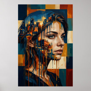 Poster Portrait de femme avec double exposition de paysag