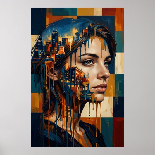 Poster Portrait de femme avec double exposition de paysag (Devant)