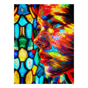 Poster Portrait de femme coloré vibrant en impasto