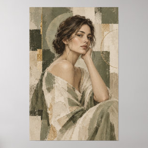 Poster Portrait de femme contemplative Abstrait Neutre su
