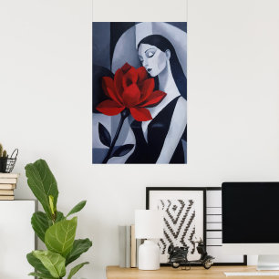 Poster Portrait de femme d'art moderne avec rose rouge Fl