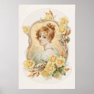Poster Portrait de femme encadré de roses jaunes