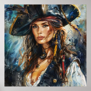 Poster Portrait de femme pirate à l'aquarelle
