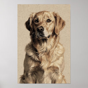 Poster Portrait de Golden Retriever en Ocre et Indigo
