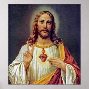 Poster Portrait de Jésus signe de paix du Cœur Sacré