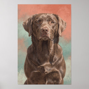 Poster Portrait de Labrador Chocolat sur Fond Corail
