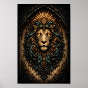 Poster Portrait de lion avec halo doré et cadre filigrané