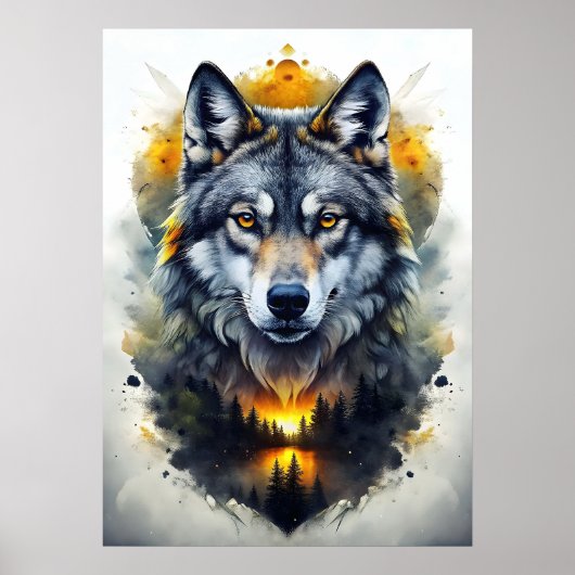 Poster Portrait de loup majestueux en art Abstrait (Devant)