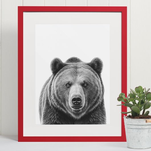 Poster Portrait de l'ours grizzli Woodland noir blanc
