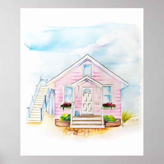Poster Portrait de maison rose aquarelle (Devant)